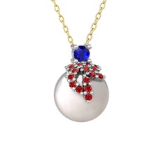 Lab safir, garnet ve inci 18 ayar beyaz altın kolye (40 cm altın rolo zincir)