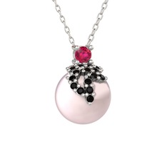 Rodolit garnet, siyah zirkon ve pembe inci 8 ayar beyaz altın kolye (40 cm beyaz altın rolo zincir)