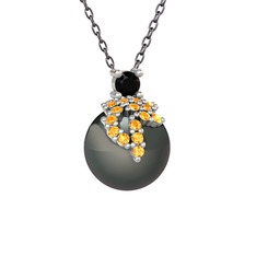 Afra İnci Kolye - Siyah zirkon, sitrin ve siyah inci 18 ayar beyaz altın kolye (40 cm gümüş rolo zincir) #mffann