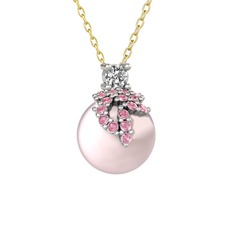Afra İnci Kolye - Beyaz zirkon, pembe kuvars ve pembe inci 18 ayar beyaz altın kolye (40 cm altın rolo zincir) #mm2am8