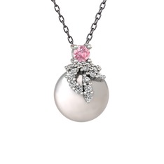 Afra İnci Kolye - Pembe kuvars, beyaz zirkon ve inci 14 ayar beyaz altın kolye (40 cm gümüş rolo zincir) #mme038