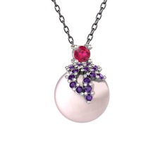 Afra İnci Kolye - Rodolit garnet, ametist ve pembe inci 8 ayar beyaz altın kolye (40 cm gümüş rolo zincir) #mwoakk