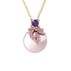 Afra İnci Kolye - Ametist, pembe kuvars ve pembe inci 14 ayar rose altın kolye (40 cm altın rolo zincir) #nbjrzo