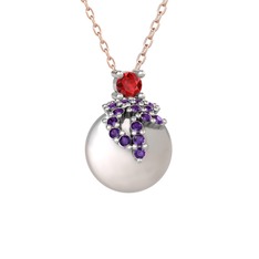 Afra İnci Kolye - Garnet, ametist ve inci 8 ayar beyaz altın kolye (40 cm rose altın rolo zincir) #nfjxil
