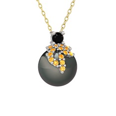 Afra İnci Kolye - Siyah zirkon, sitrin ve siyah inci 14 ayar beyaz altın kolye (40 cm altın rolo zincir) #nfvpnh