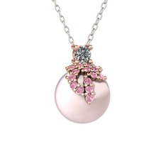 Pırlanta, pembe kuvars ve pembe inci 8 ayar rose altın kolye (0.11 karat, 40 cm gümüş rolo zincir)
