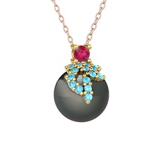 Rodolit garnet, akuamarin ve siyah inci 18 ayar altın kolye (40 cm rose altın rolo zincir)