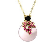 Siyah zirkon, rodolit garnet ve pembe inci 14 ayar altın kolye (40 cm gümüş rolo zincir)