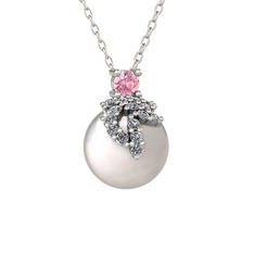Afra İnci Kolye - Pembe kuvars, pırlanta ve inci 18 ayar beyaz altın kolye (0.176 karat, 40 cm gümüş rolo zincir) #ouxrsq