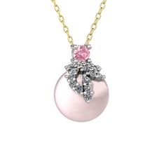 Afra İnci Kolye - Pembe kuvars, pırlanta ve pembe inci 8 ayar beyaz altın kolye (0.176 karat, 40 cm gümüş rolo zincir) #p5z4e2
