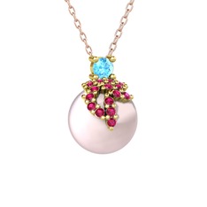 Akuamarin, rodolit garnet ve pembe inci 925 ayar altın kaplama gümüş kolye (40 cm rose altın rolo zincir)