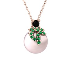 Afra İnci Kolye - Siyah zirkon, yeşil kuvars ve pembe inci 8 ayar rose altın kolye (40 cm rose altın rolo zincir) #qh5gd