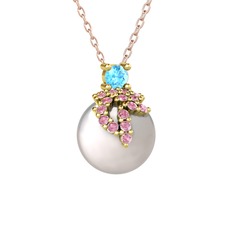 Afra İnci Kolye - Akuamarin, pembe kuvars ve inci 8 ayar altın kolye (40 cm rose altın rolo zincir) #qlxm99