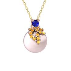Lab safir, sitrin ve pembe inci 18 ayar rose altın kolye (40 cm gümüş rolo zincir)