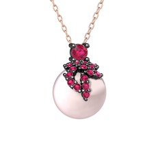 Afra İnci Kolye - Rodolit garnet ve pembe inci 925 ayar siyah rodyum kaplama gümüş kolye (40 cm rose altın rolo zincir) #r79zj8