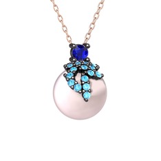 Afra İnci Kolye - Lab safir, akuamarin ve pembe inci 925 ayar siyah rodyum kaplama gümüş kolye (40 cm rose altın rolo zincir) #r9qvw2