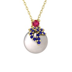 Rodolit garnet, lab safir ve inci 925 ayar altın kaplama gümüş kolye (40 cm altın rolo zincir)