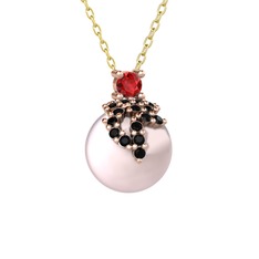 Afra İnci Kolye - Garnet, siyah zirkon ve pembe inci 18 ayar rose altın kolye (40 cm altın rolo zincir) #ss0ah2