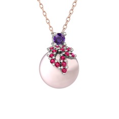 Ametist, rodolit garnet ve pembe inci 18 ayar beyaz altın kolye (40 cm rose altın rolo zincir)