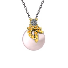 Pırlanta, sitrin ve pembe inci 925 ayar altın kaplama gümüş kolye (0.11 karat, 40 cm gümüş rolo zincir)
