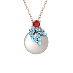 Garnet, akuamarin ve inci 14 ayar beyaz altın kolye (40 cm rose altın rolo zincir)