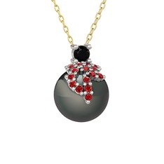 Siyah zirkon, garnet ve siyah inci 14 ayar beyaz altın kolye (40 cm altın rolo zincir)