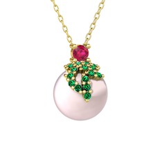 Rodolit garnet, yeşil kuvars ve pembe inci 18 ayar altın kolye (40 cm altın rolo zincir)