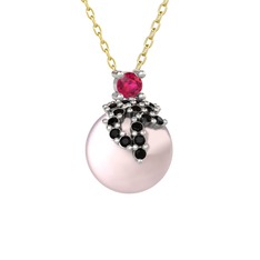 Afra İnci Kolye - Rodolit garnet, siyah zirkon ve pembe inci 8 ayar beyaz altın kolye (40 cm gümüş rolo zincir) #ux303t
