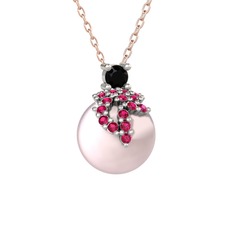 Siyah zirkon, rodolit garnet ve pembe inci 18 ayar beyaz altın kolye (40 cm rose altın rolo zincir)