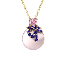 Afra İnci Kolye - Pembe kuvars, lab safir ve pembe inci 14 ayar rose altın kolye (40 cm altın rolo zincir) #ww0g18