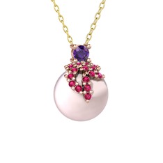 Ametist, rodolit garnet ve pembe inci 925 ayar rose altın kaplama gümüş kolye (40 cm altın rolo zincir)