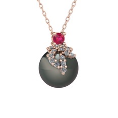 Afra İnci Kolye - Rodolit garnet, pırlanta ve siyah inci 8 ayar rose altın kolye (0.176 karat, 40 cm rose altın rolo zincir) #xbuug7