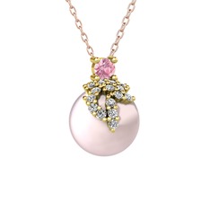 Afra İnci Kolye - Pembe kuvars, beyaz zirkon ve pembe inci 18 ayar altın kolye (40 cm rose altın rolo zincir) #xckq2i