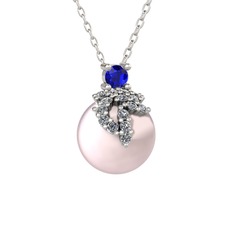 Afra İnci Kolye - Lab safir, pırlanta ve pembe inci 925 ayar gümüş kolye (0.176 karat, 40 cm beyaz altın rolo zincir) #xoh7go