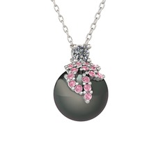 Afra İnci Kolye - Pırlanta, pembe kuvars ve siyah inci 925 ayar gümüş kolye (0.11 karat, 40 cm gümüş rolo zincir) #xtbnp