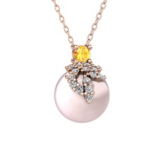 Afra İnci Kolye - Sitrin, beyaz zirkon ve pembe inci 14 ayar rose altın kolye (40 cm rose altın rolo zincir) #xy9wix