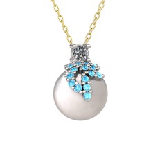 Afra İnci Kolye - Pırlanta, akuamarin ve inci 18 ayar beyaz altın kolye (0.11 karat, 40 cm altın rolo zincir) #ybsnuj