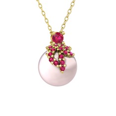 Rodolit garnet ve pembe inci 18 ayar altın kolye (40 cm altın rolo zincir)