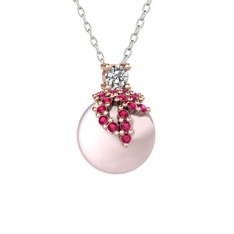 Afra İnci Kolye - Beyaz zirkon, rodolit garnet ve pembe inci 14 ayar rose altın kolye (40 cm beyaz altın rolo zincir) #zdc4m8