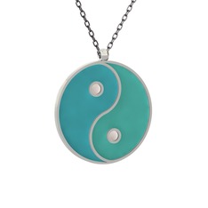 Mineli Yin Yang Kolye - 8 ayar beyaz altın kolye (Turkuaz mineli, 40 cm gümüş rolo zincir) #111ehs3