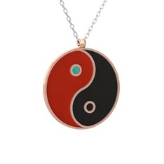 Mineli Yin Yang Kolye - 18 ayar rose altın kolye (Kırmızı mineli, 40 cm beyaz altın rolo zincir) #13my9m8