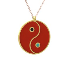 Mineli Yin Yang Kolye - 925 ayar altın kaplama gümüş kolye (Kırmızı mineli, 40 cm rose altın rolo zincir) #149h3hd