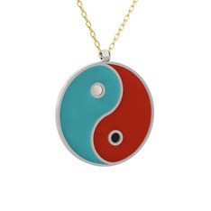 Mineli Yin Yang Kolye - 18 ayar beyaz altın kolye (Turkuaz mineli, 40 cm altın rolo zincir) #15027jg