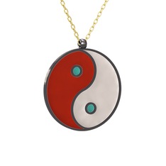 Mineli Yin Yang Kolye - 925 ayar siyah rodyum kaplama gümüş kolye (Kırmızı mineli, 40 cm altın rolo zincir) #154z1yn