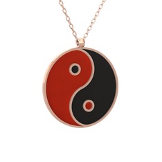 Mineli Yin Yang Kolye - 8 ayar rose altın kolye (Kırmızı mineli, 40 cm rose altın rolo zincir) #158oebl