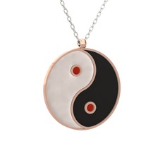 Mineli Yin Yang Kolye - 14 ayar rose altın kolye (Beyaz mineli, 40 cm gümüş rolo zincir) #15960op