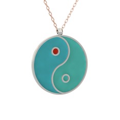 Mineli Yin Yang Kolye - 14 ayar beyaz altın kolye (Turkuaz mineli, 40 cm rose altın rolo zincir) #173jiw