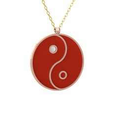Mineli Yin Yang Kolye - 14 ayar rose altın kolye (Kırmızı mineli, 40 cm altın rolo zincir) #178h76z