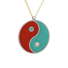 Mineli Yin Yang Kolye - 8 ayar beyaz altın kolye (Kırmızı mineli, 40 cm gümüş rolo zincir) #17jlmxj