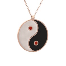 Mineli Yin Yang Kolye - 14 ayar rose altın kolye (Beyaz mineli, 40 cm rose altın rolo zincir) #186f0v9